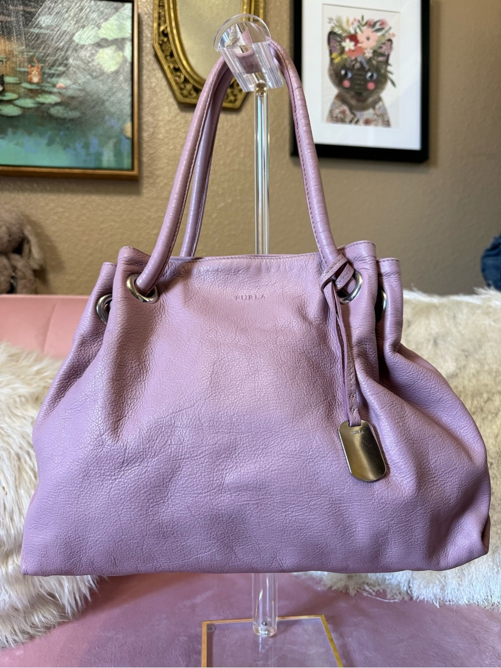 💯Auth! Furla Mauve/Lilac Soft Leather Shoulder Bag with Silver Hardware